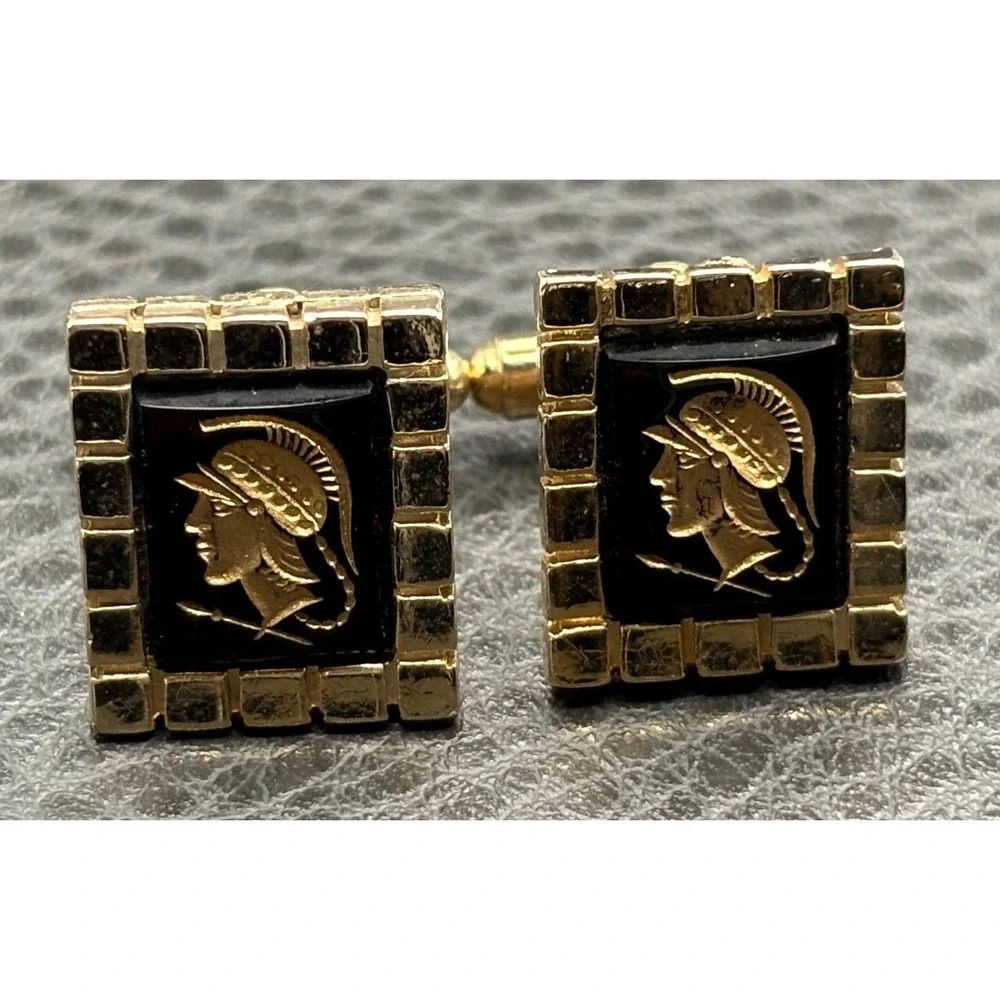 Vintage Roman Soldier Intaglio Style Gold Tone Cufflinks